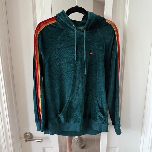 Aviator Nation Classic Velvet Pullover Hoodie Sweatshirt Teal // Rainbow Stripe - Picture 1 of 5